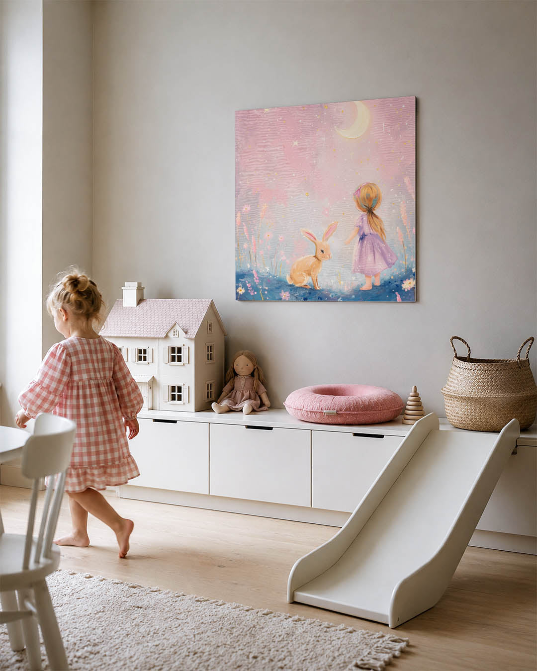 Dromerig kind en konijn kunstwerk – tweede productweergave – een kind in een paarse jurk en een konijn kijken naar een