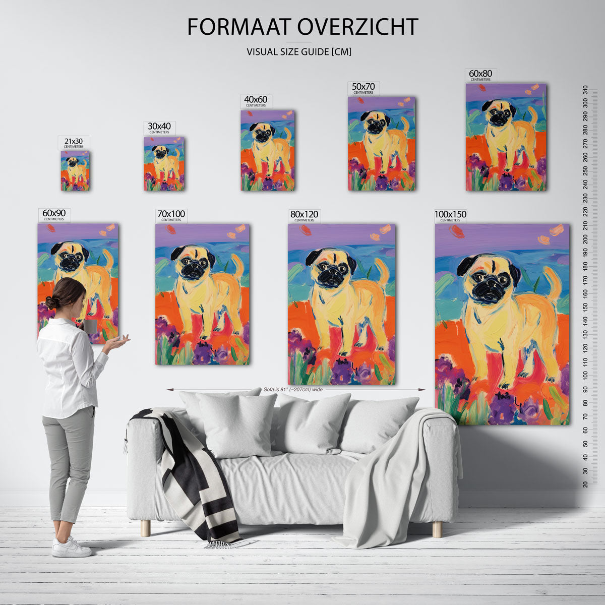 Mopshond in kleurrijk landschap – staande muurposter voor de kinderkamer