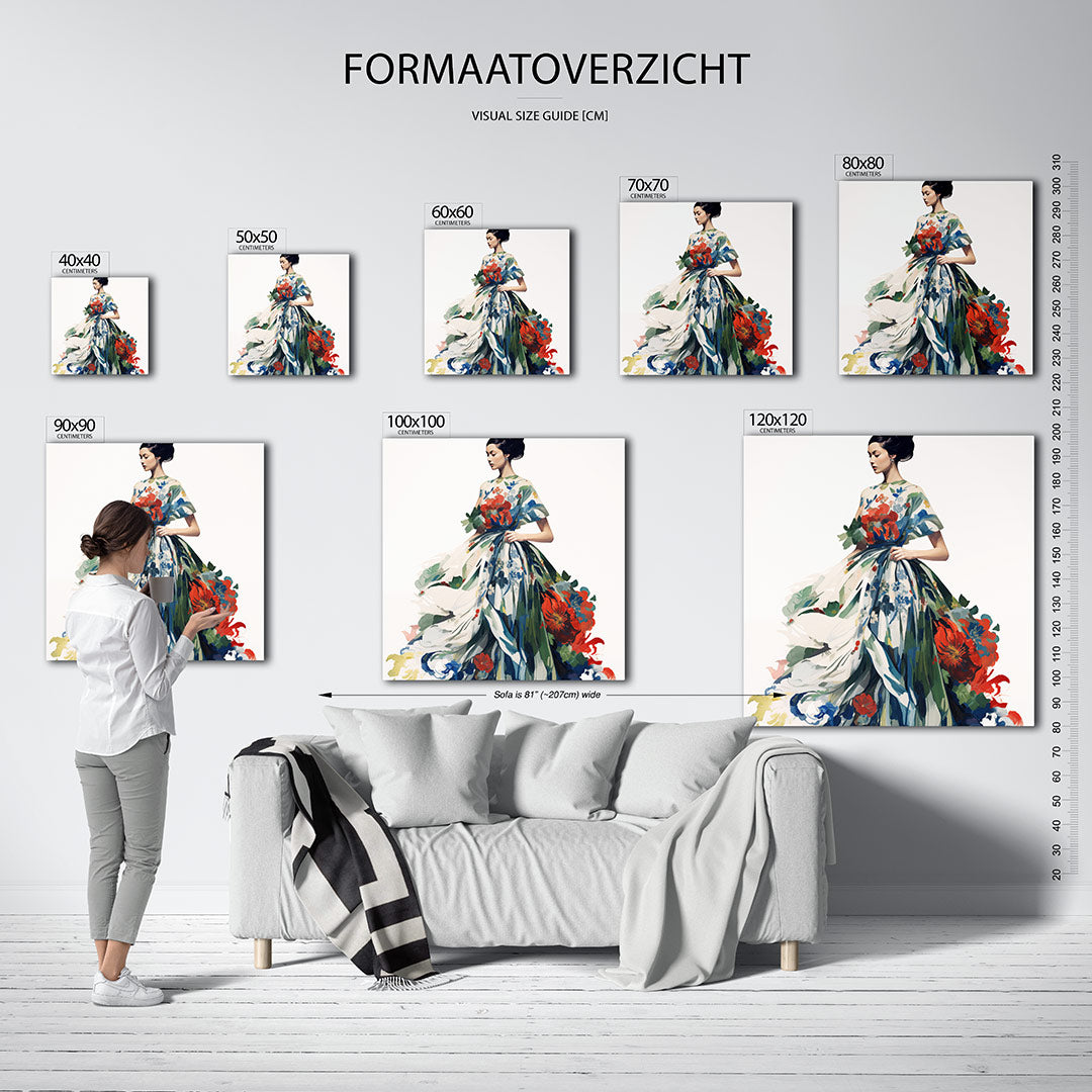 Vrouw in bloemenjurk kunstwerk – sfeerbeeld – dit werk toont een vrouw in een weelderige bloemenjurk. De levendige kleuren en