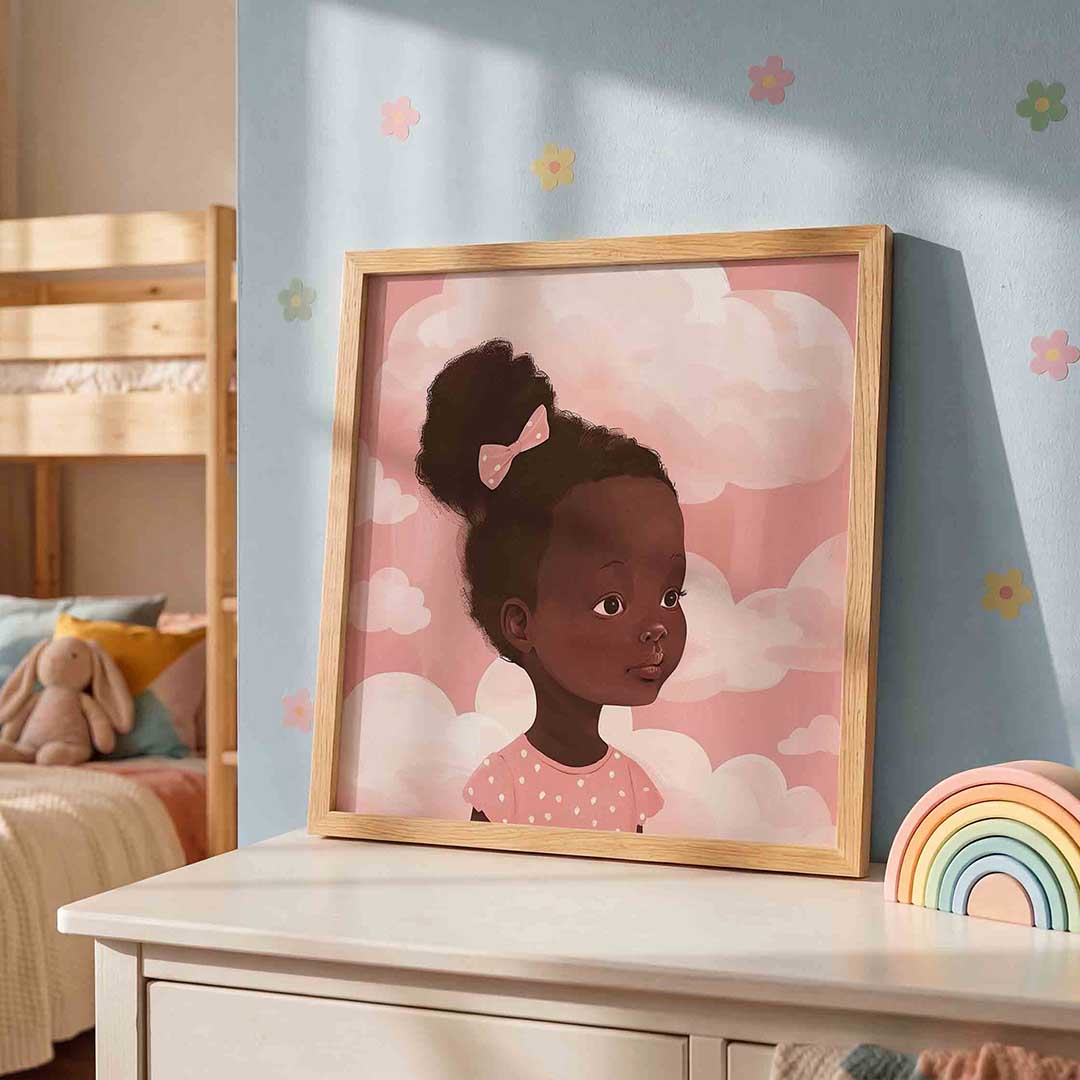 Meisje met wolken – speelse wandkunst als vierkante kinderposter