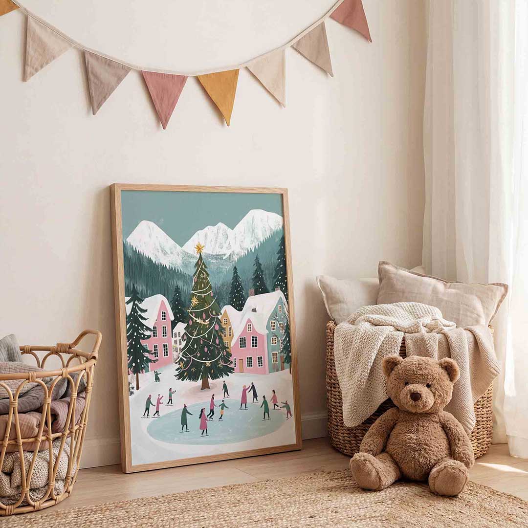 Schaatsende mensen bij kerstboom – speelse wandkunst als portret kinderposter