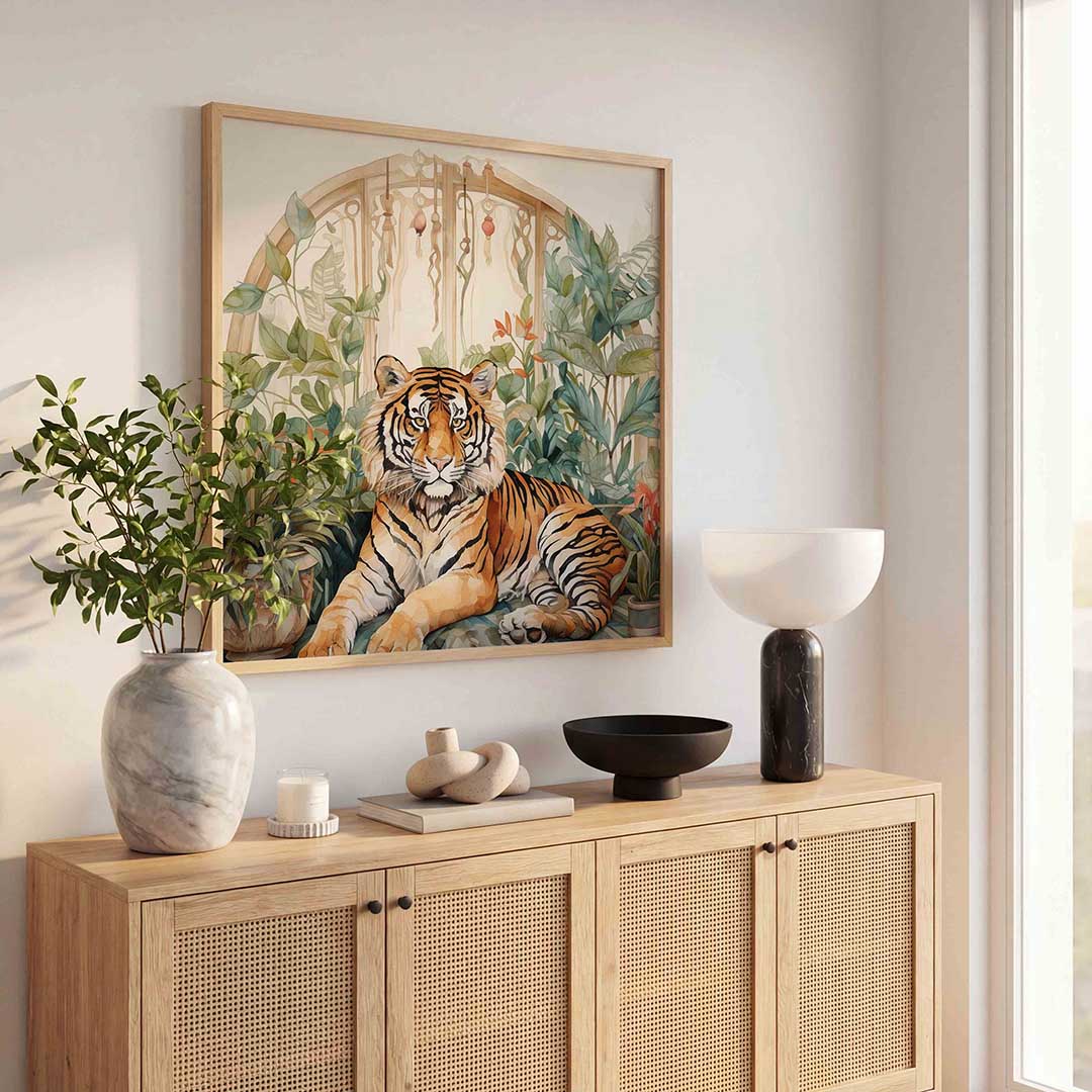 Tijger en planten – dierenillustratie als vierkante poster