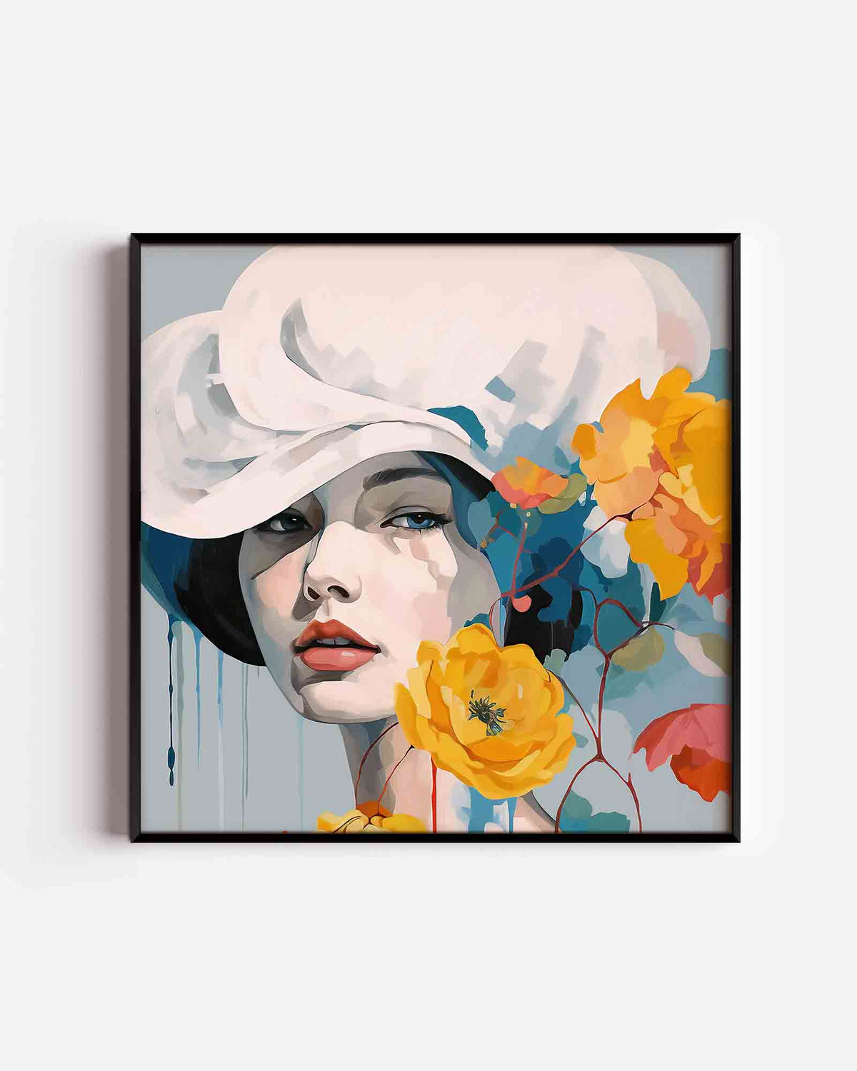 Vrouw met hoed en bloemen – vrouwelijk portret als vierkante poster