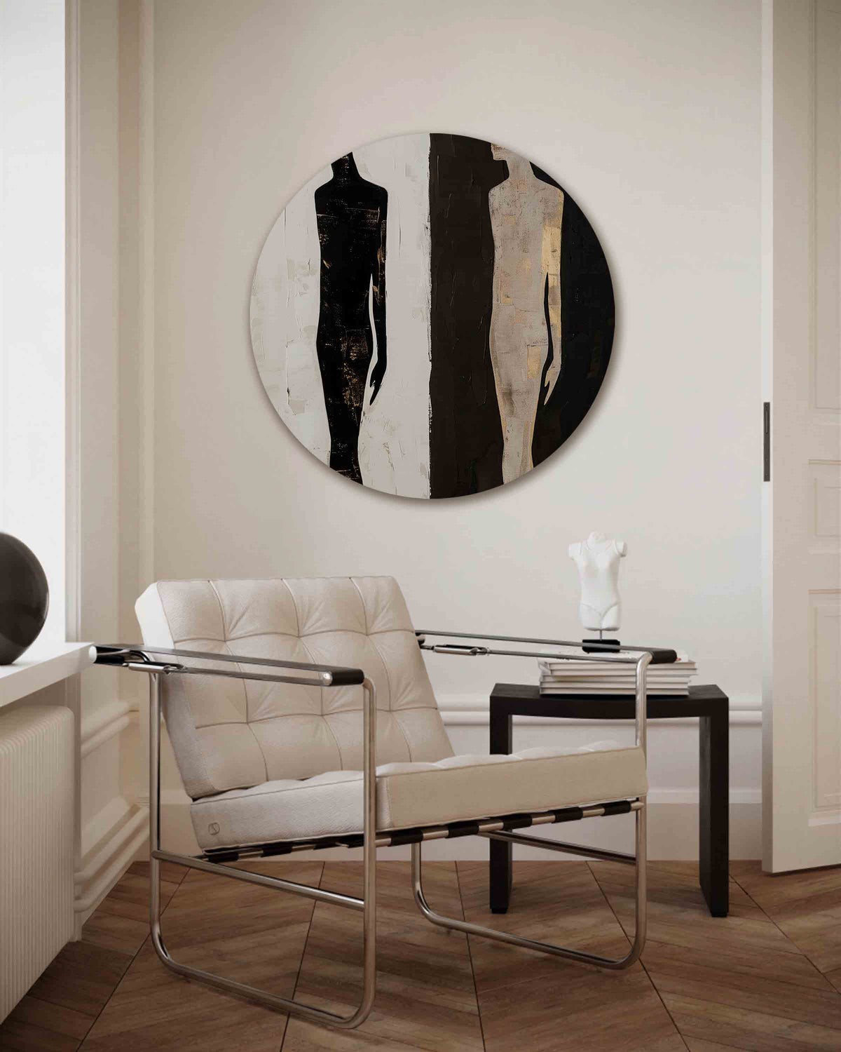Silhouetten in contrast – abstracte muurcirkel als ronde wanddecoratie