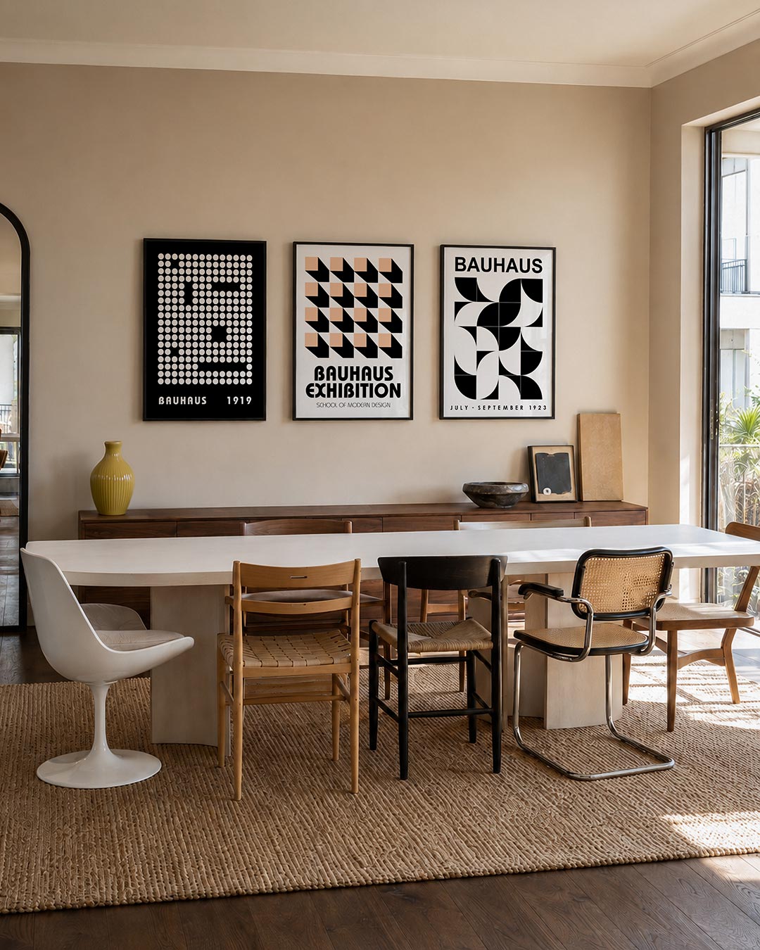 Cirkelpatroon en contrast posterset – tweede productweergave – een zwart-wit compositie met een raster van witte cirkels op