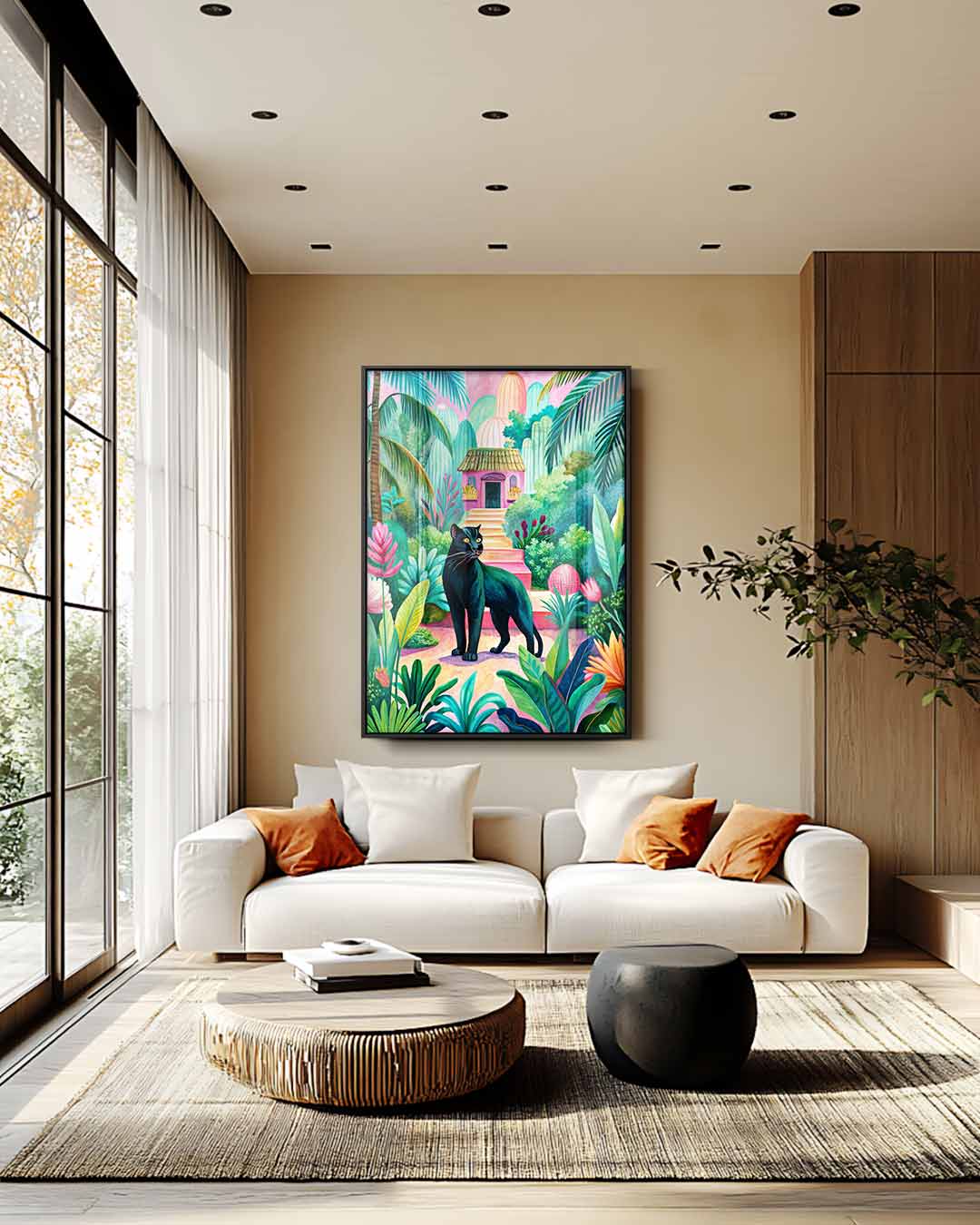 Tropische Paradijstuin met Zwarte Panter – modern portret kunstwerk van WallArtistic