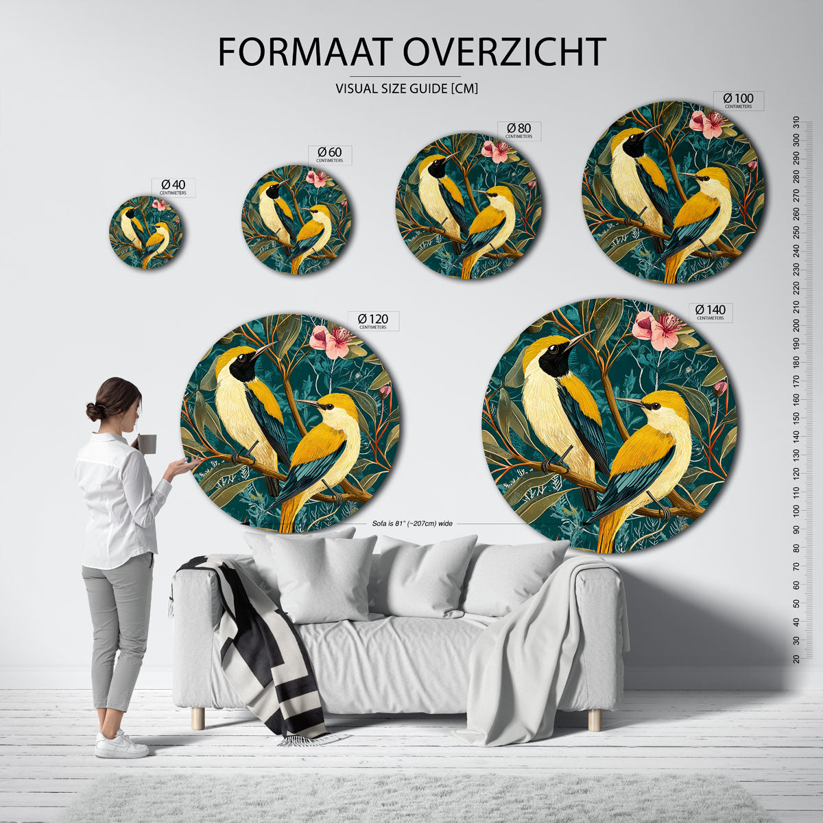 Vogels en bloemen – ronde muurcirkel met kleurrijke illustratie