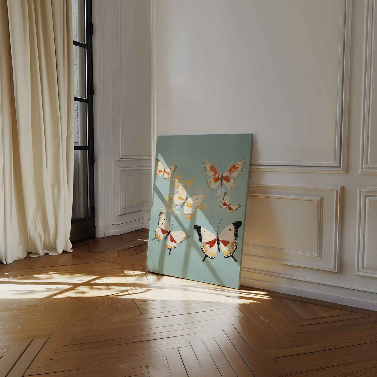 Vliegende Vlinders op Hemelsblauw – staand kunstwerk voor modern interieur