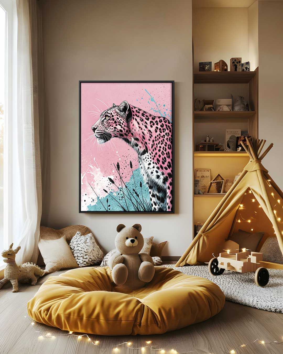 Roze Panter op Avontuur – canvas wanddecoratie in portret formaat