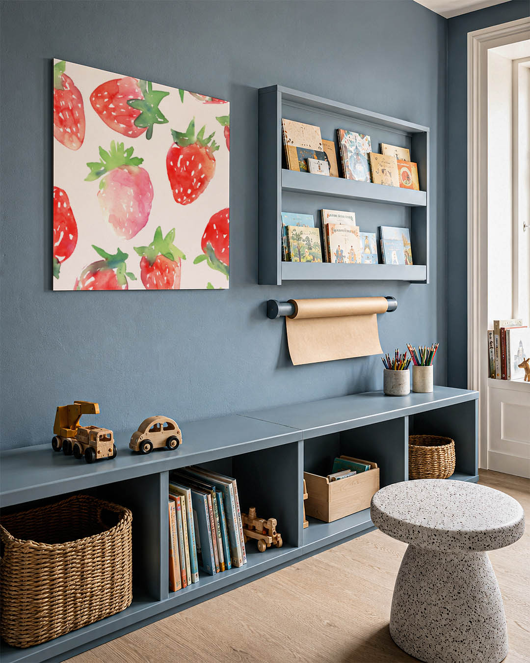 Aardbeienpatroon kunstwerk – detailweergave – dit werk toont een speels patroon van aardbeien in levendige kleuren. De