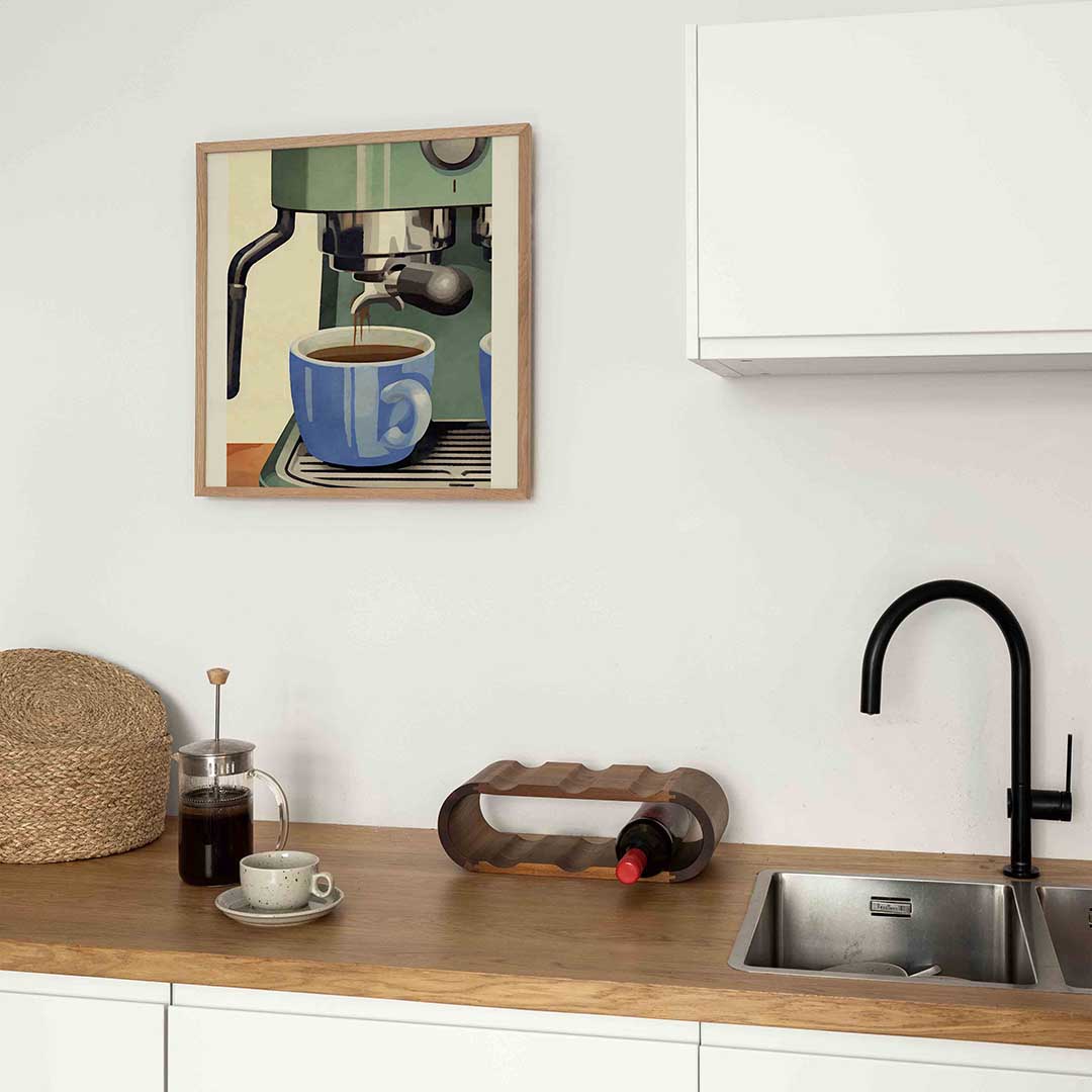Koffiemachine met blauwe mok – keukenposter in vierkant formaat