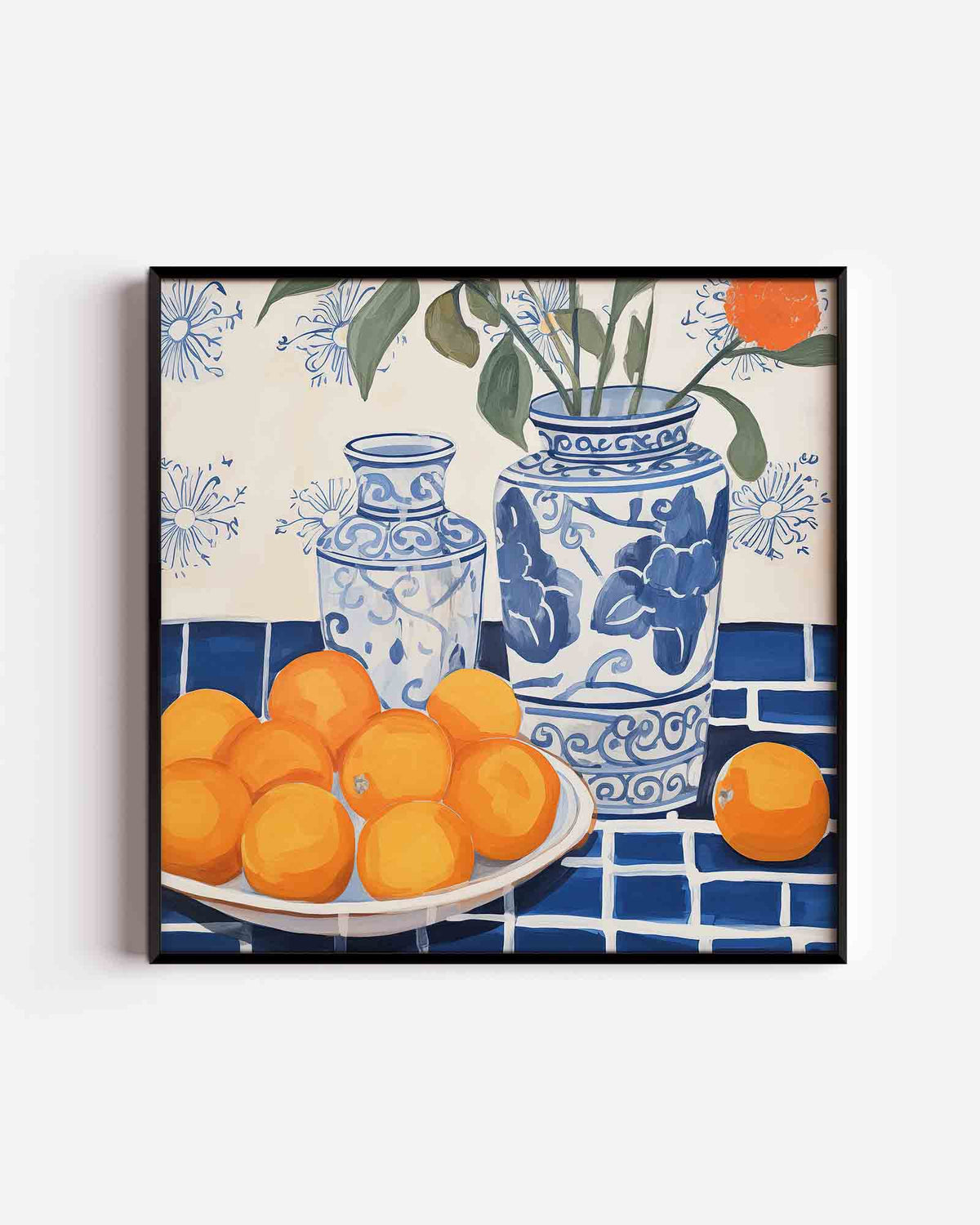 Blauwe vazen en sinaasappels – bloemen vierkante poster als wanddecoratie