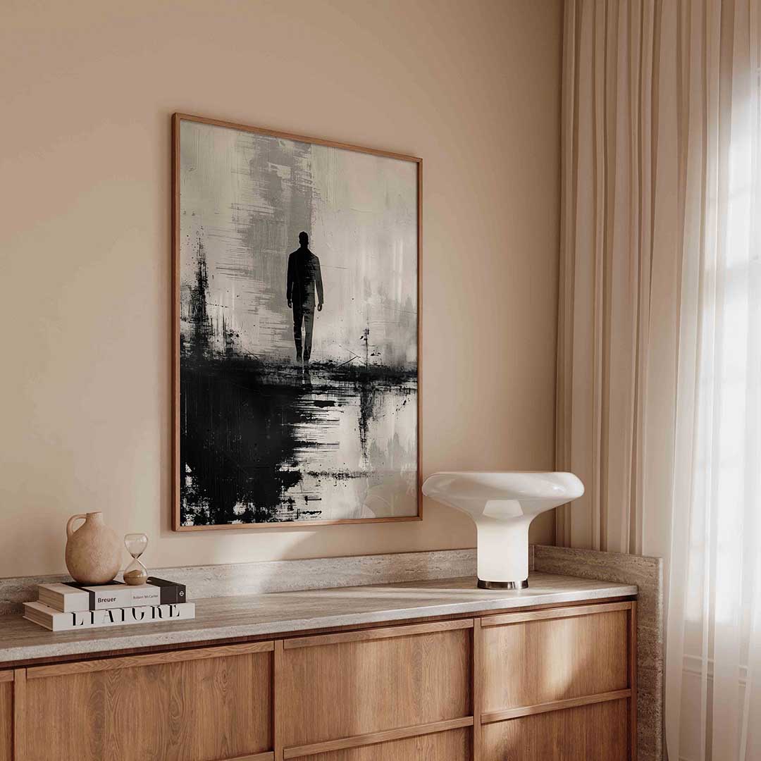 Silhouet van wandelende figuur – abstracte poster in staand formaat