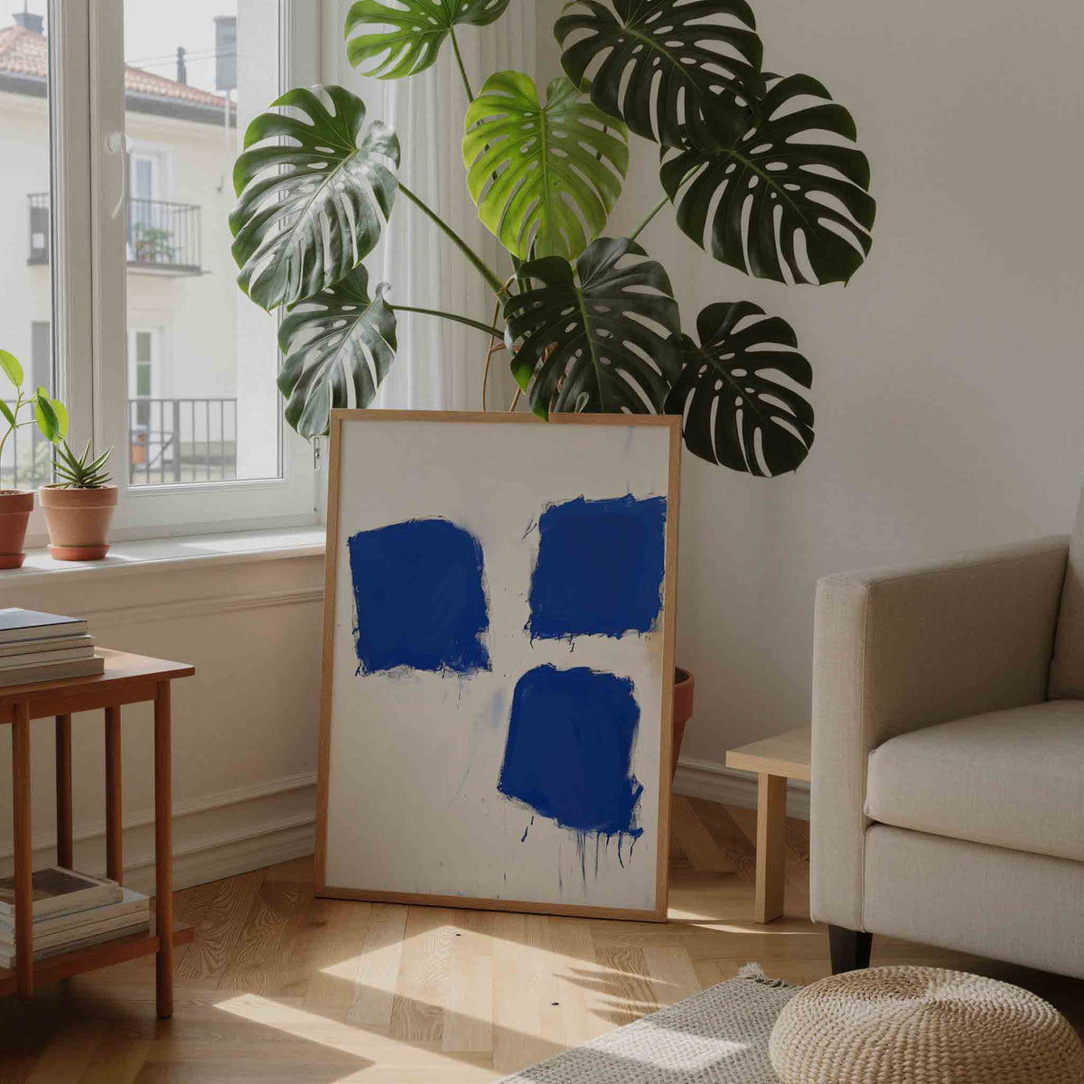 Blauwe vlakken – moderne wandkunst als portret poster