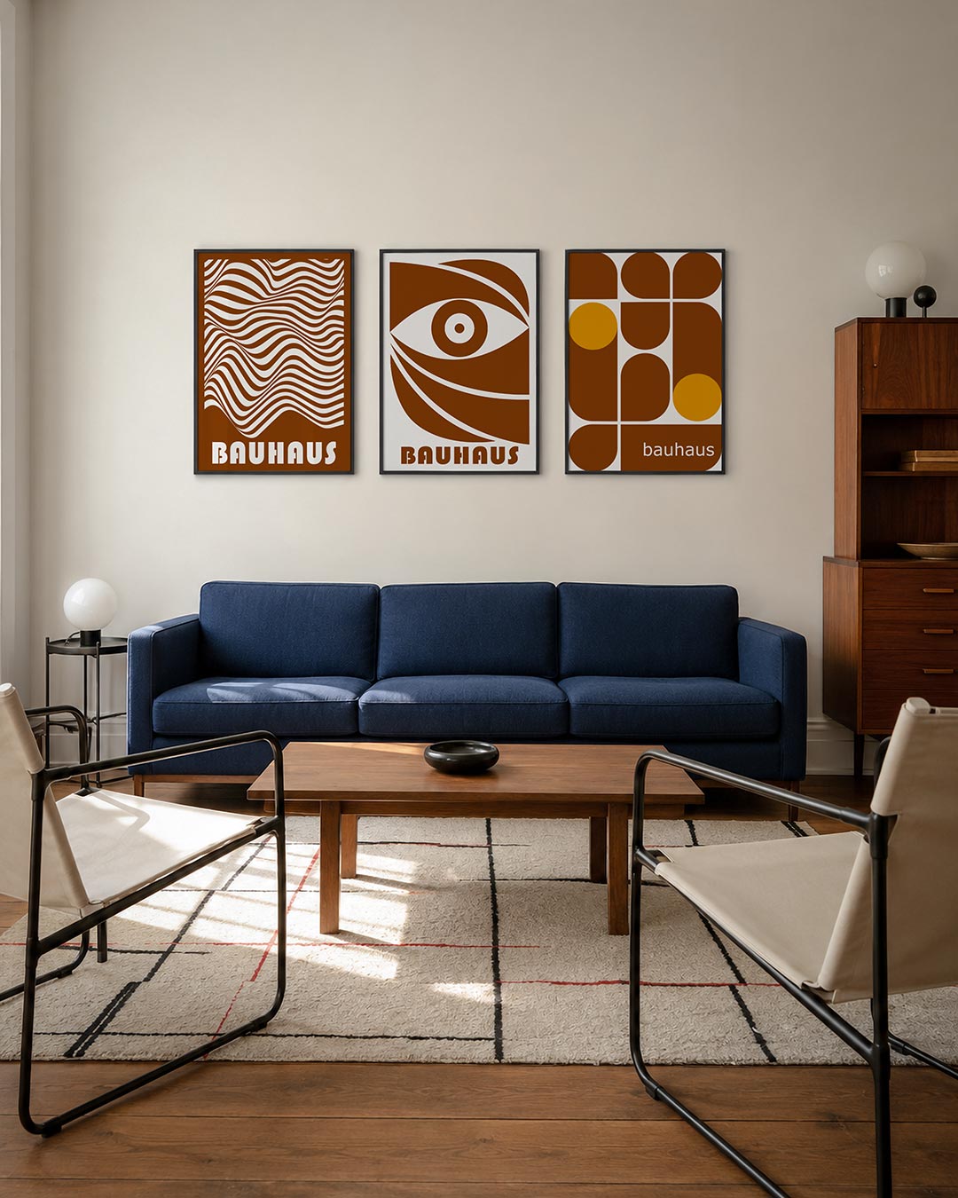 Golvend lijnenspel driedelige posterset – deze posterset in drie delen toont vloeiende, golvende lijnen in bruin en wit. De