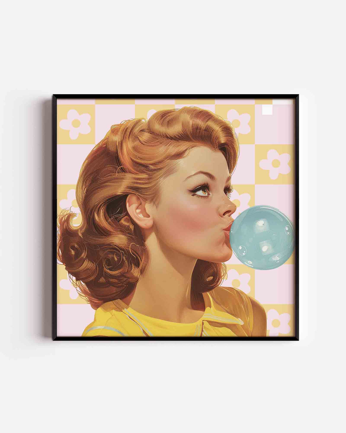 Vrouw met kauwgombel – Pop Art vierkante poster als wanddecoratie