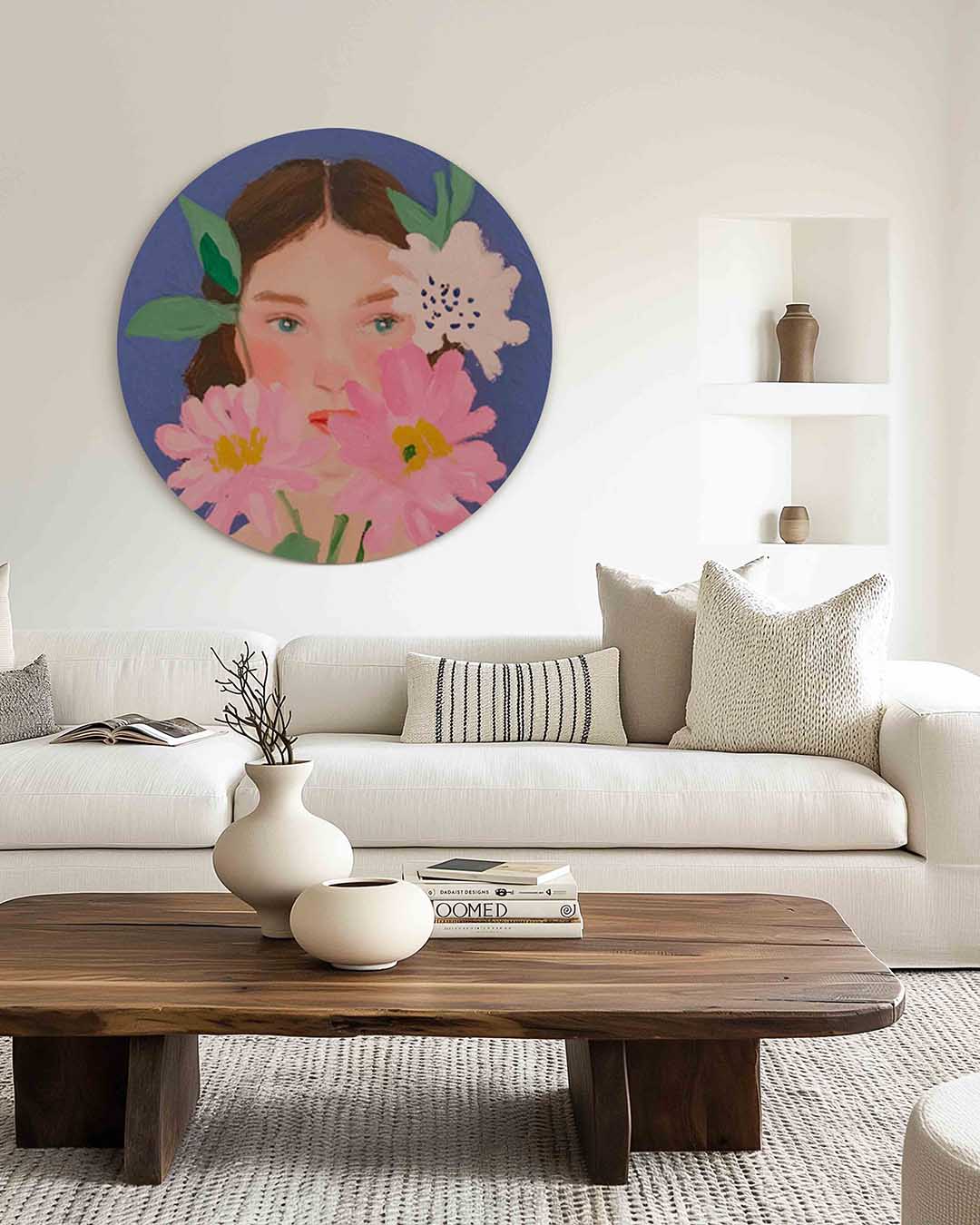 Bloemen en gezicht – muurcirkel met kleur en vormen voor aan de muur