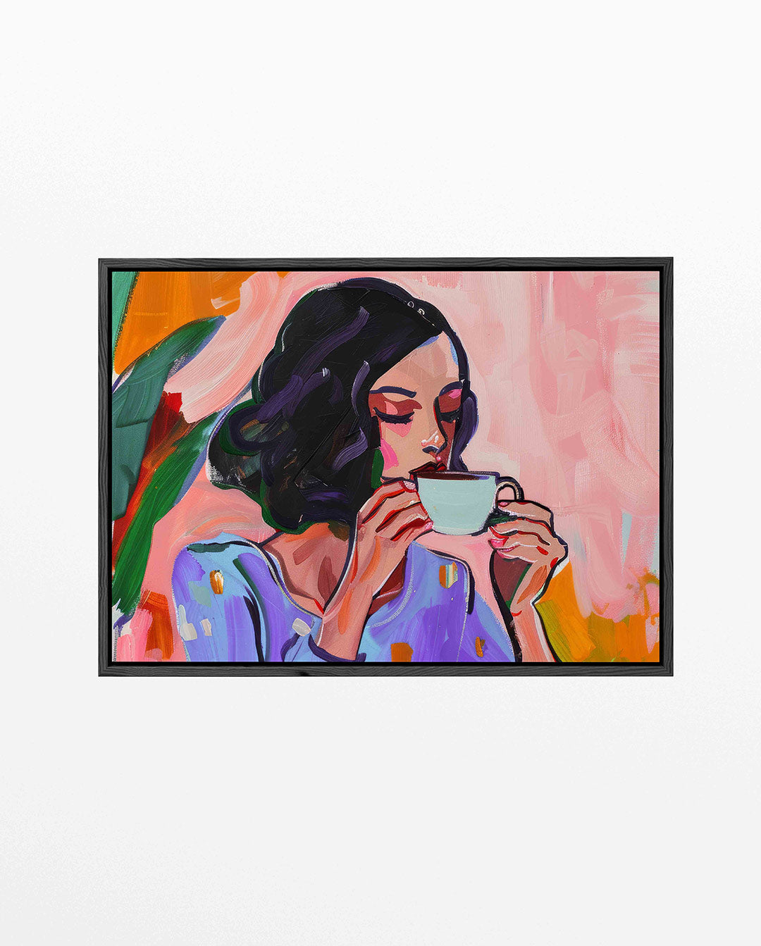 Vrouw met koffiekop – liggend portret kunstwerk