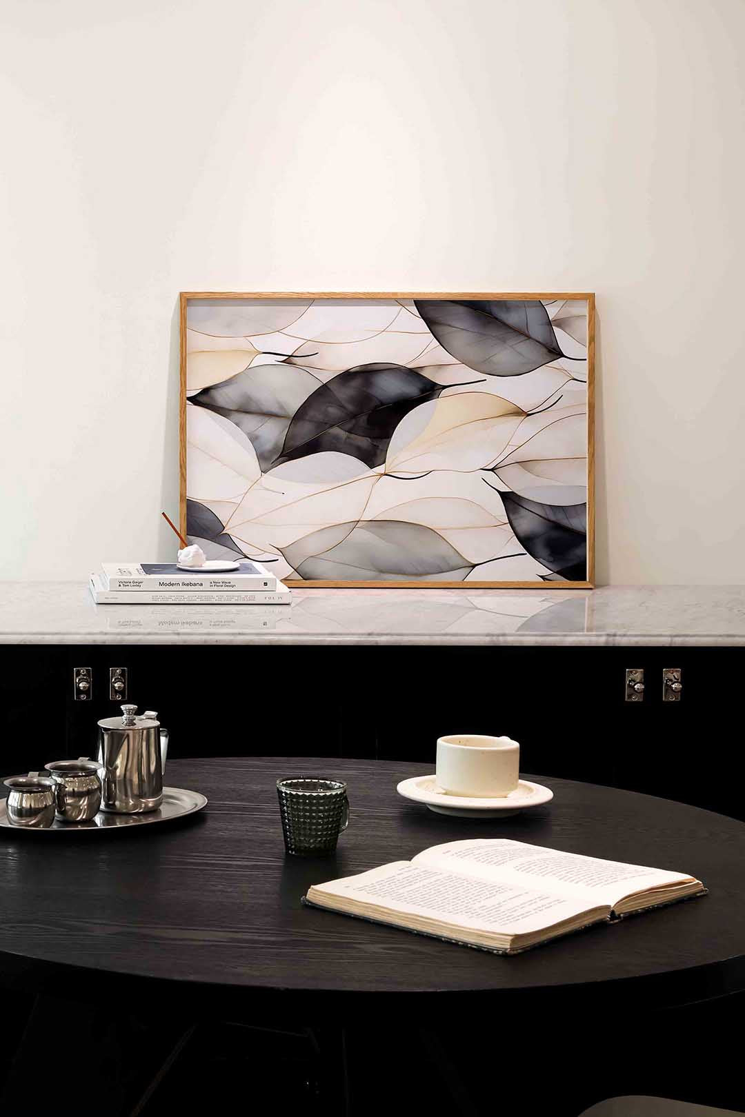Bladeren in neutrale tinten – abstracte poster in liggend formaat