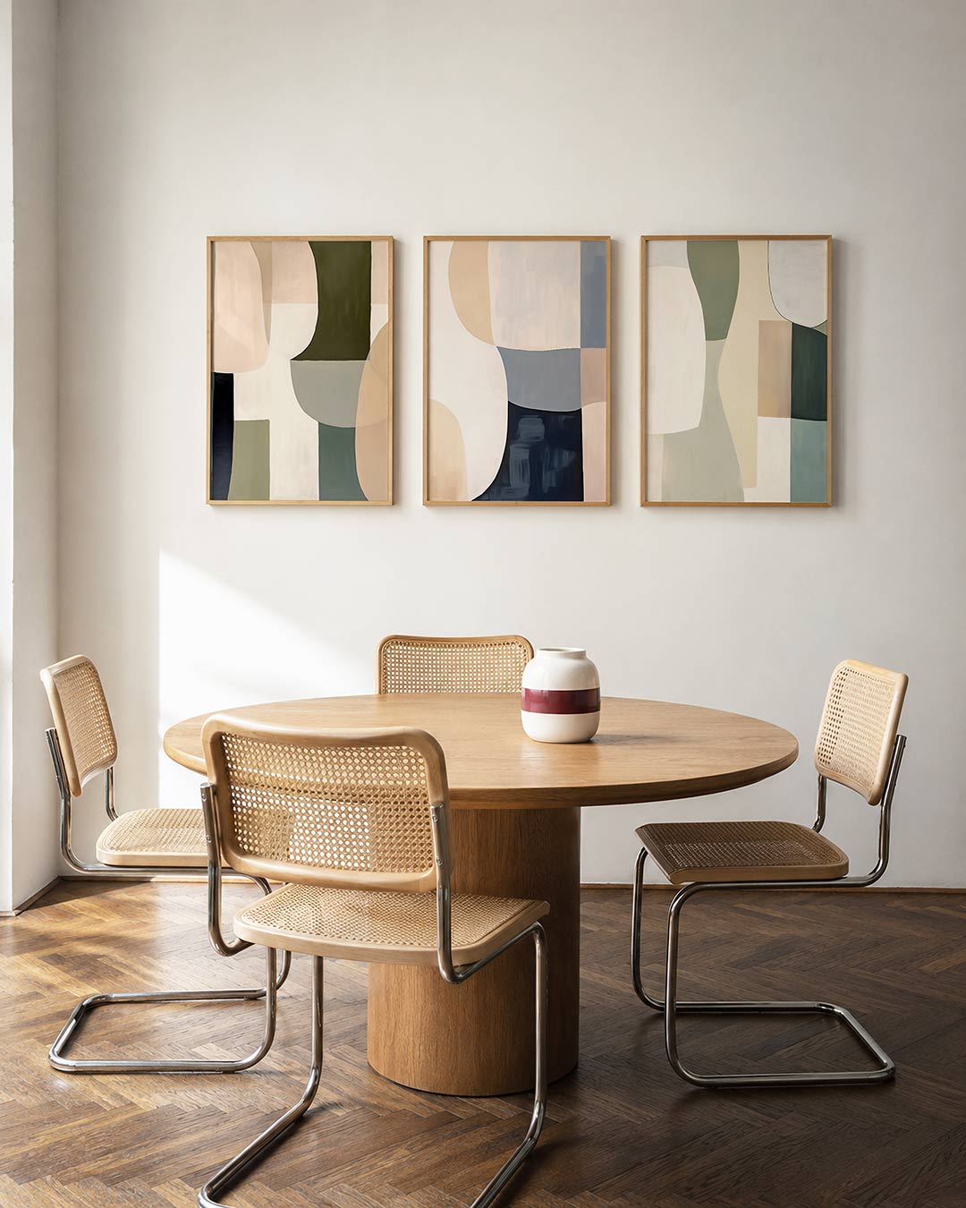 Vorm en kleurenspel – driedelige posterset in interieur