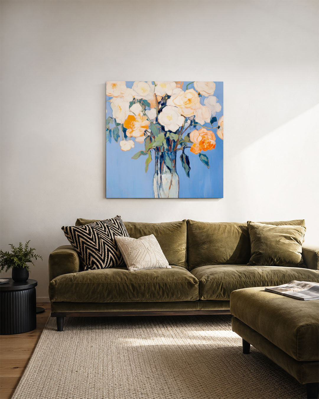 Bloemen in vaas kunstwerk – derde productweergave – dit kunstwerk toont een vaas met bloemen tegen een blauwe achtergrond. De