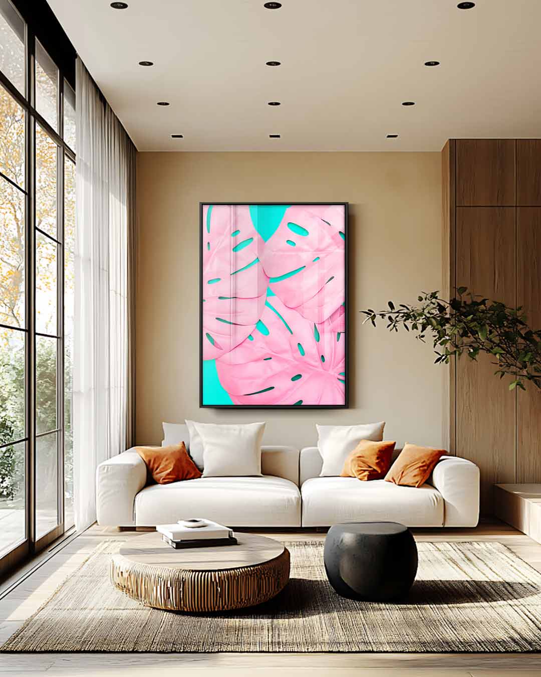 Tropische Roze Bladeren – plexiglas wanddecoratie in portret formaat