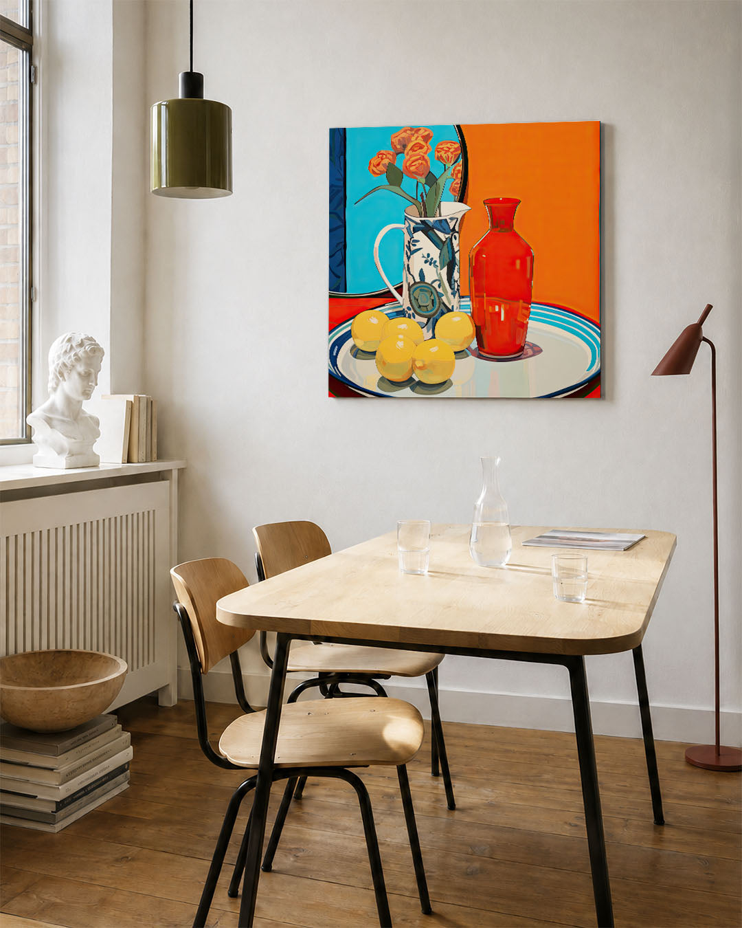 Kleurrijke stilleven compositie kunstwerk – vierkante wanddecoratie – dit kunstwerk toont een levendig stilleven met een rode