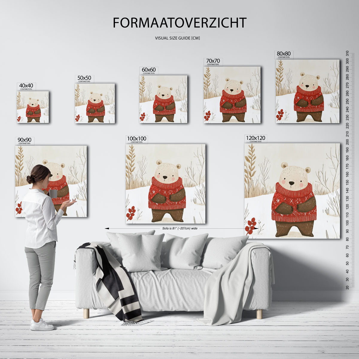 Beer met rode trui – vierkante muurposter voor de kinderkamer