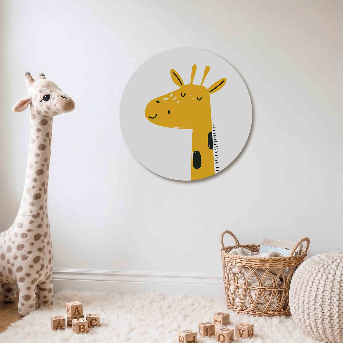 Giraffe illustratie Muurcirkel – Een gele giraffe met zwarte vlekken en een glimlachend gezicht.