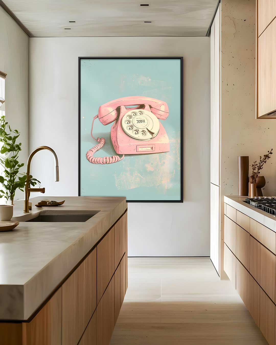 Retro Roze Telefoon Poster – modern portret kunstwerk van WallArtistic