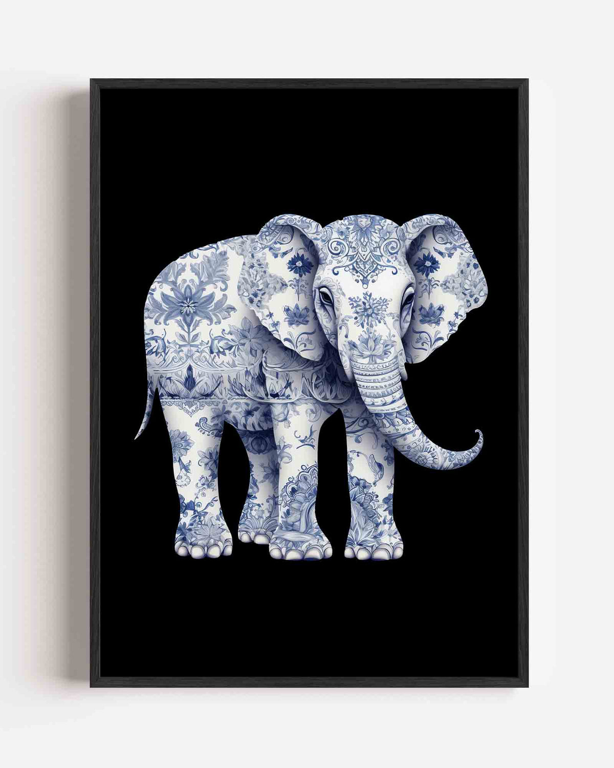 Olifant met bloemenpatroon – Delfts blauwe portret poster als wanddecoratie