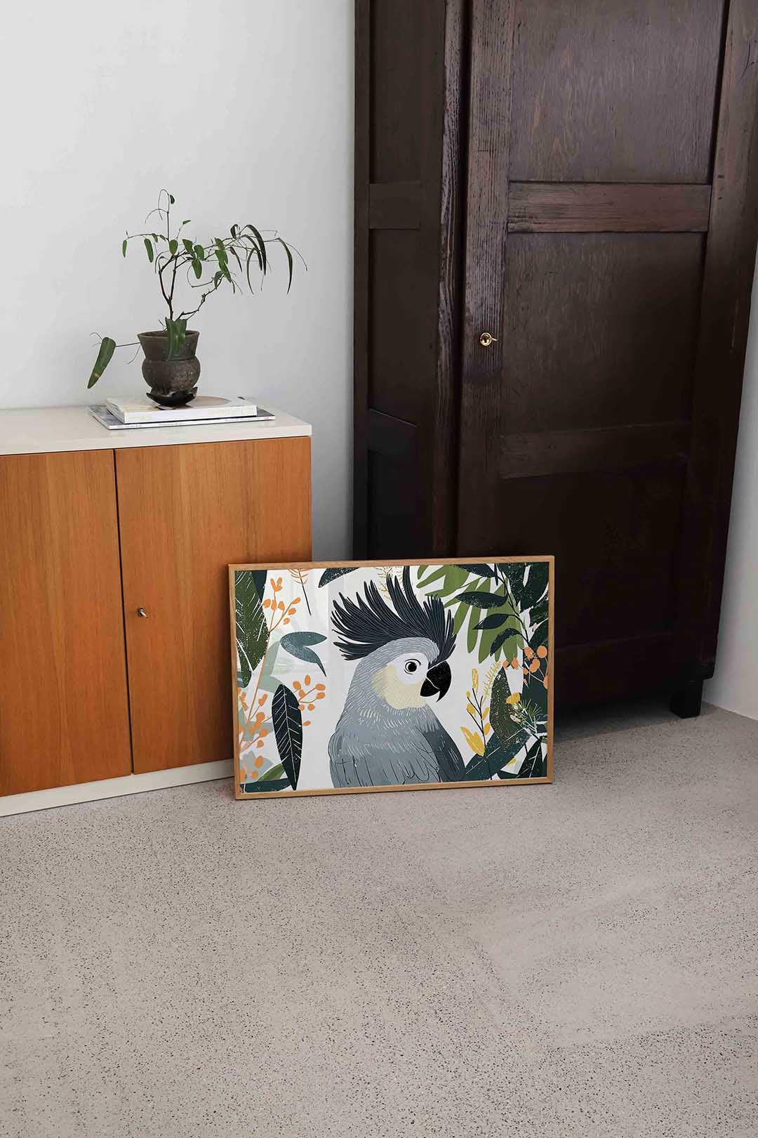 Papegaai en bladeren – dierenillustratie als landscape poster