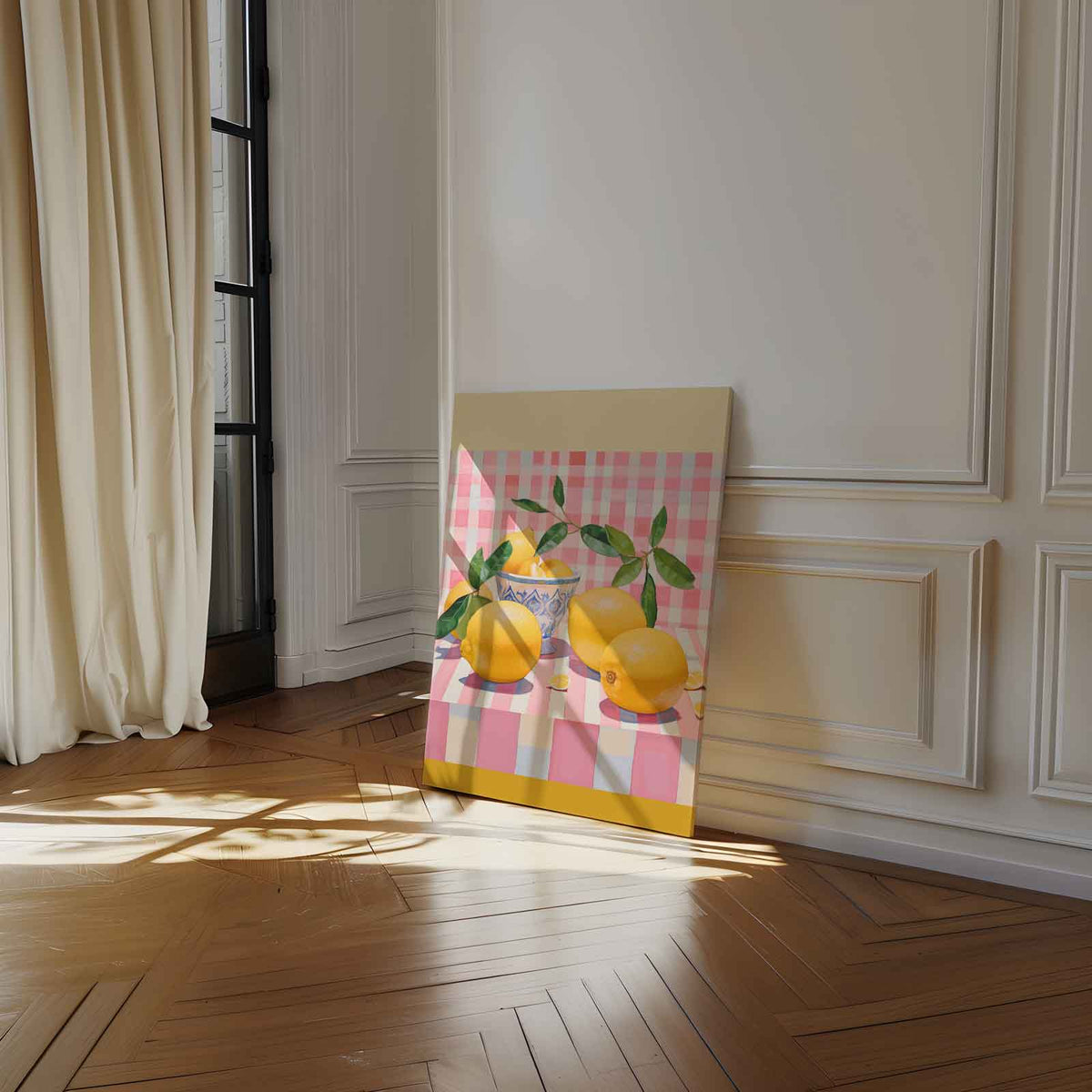 Citroenen in Speelse Strepen – staand kunstwerk voor modern interieur