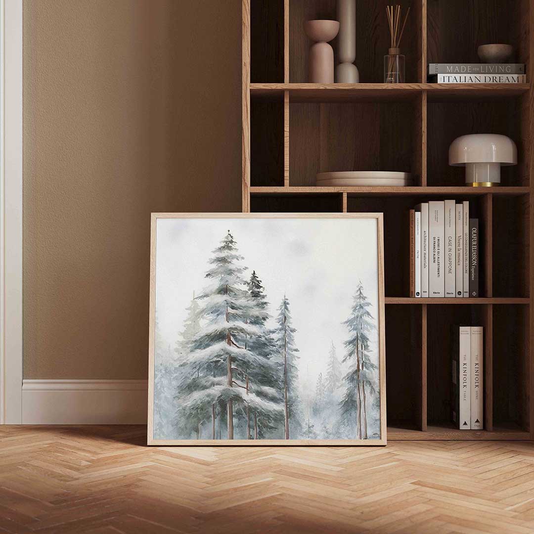Besneeuwde bomen – kerstposter in vierkant formaat