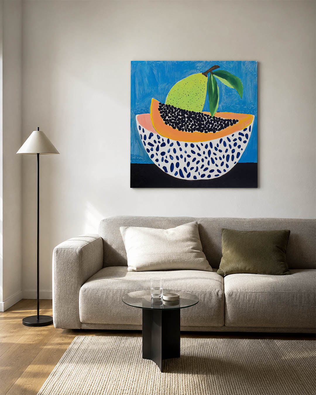 Fruit en patronen kunstwerk – detailweergave – dit werk toont een kleurrijke compositie van fruit met levendige patronen. De