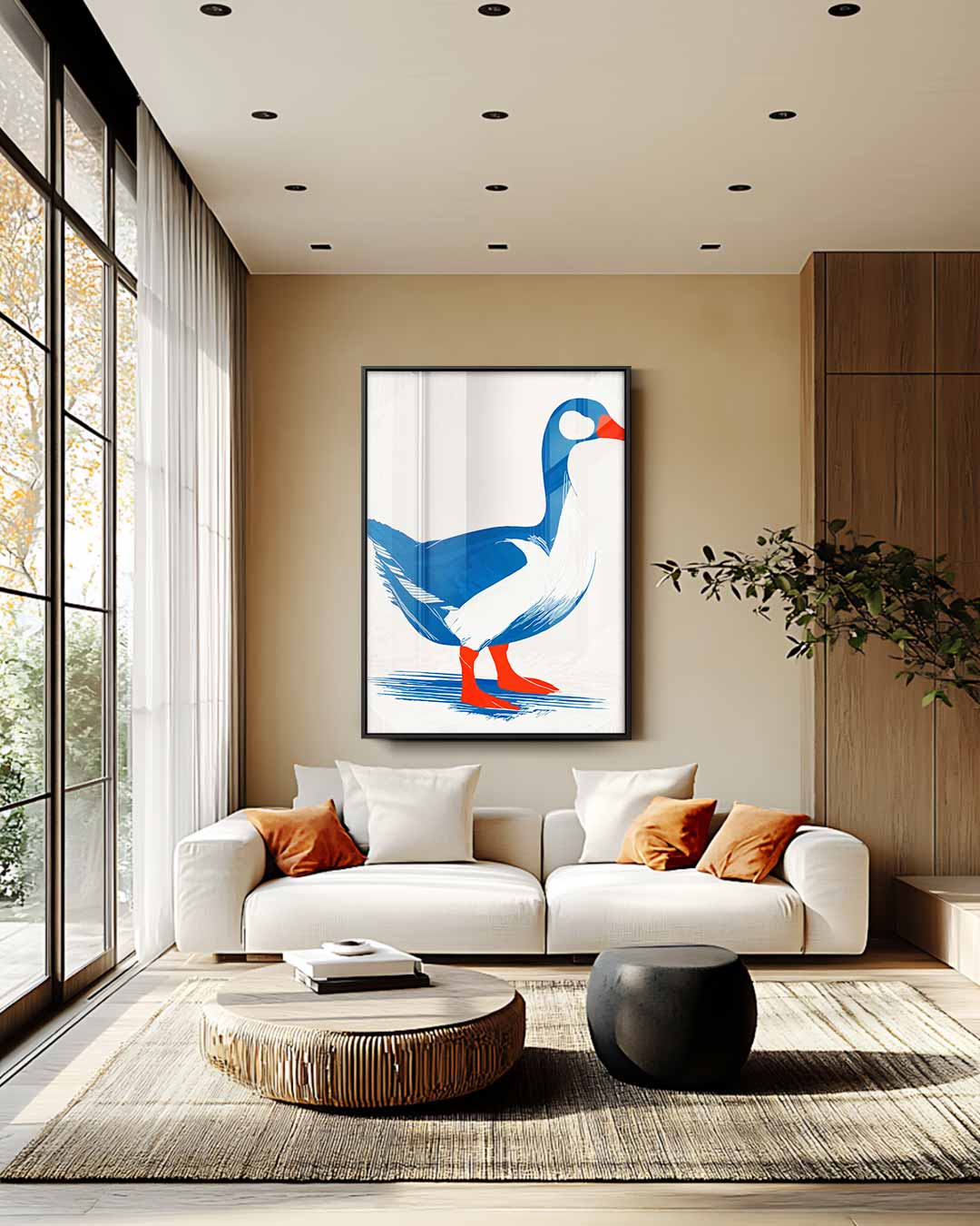 Stijlvolle Eend in Blauw en Rood – modern portret kunstwerk van WallArtistic