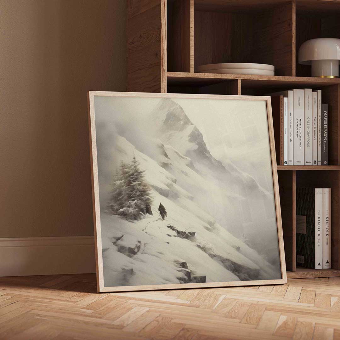 Berglandschap met sneeuw – vierkante kerst wanddecoratie van WallArtistic