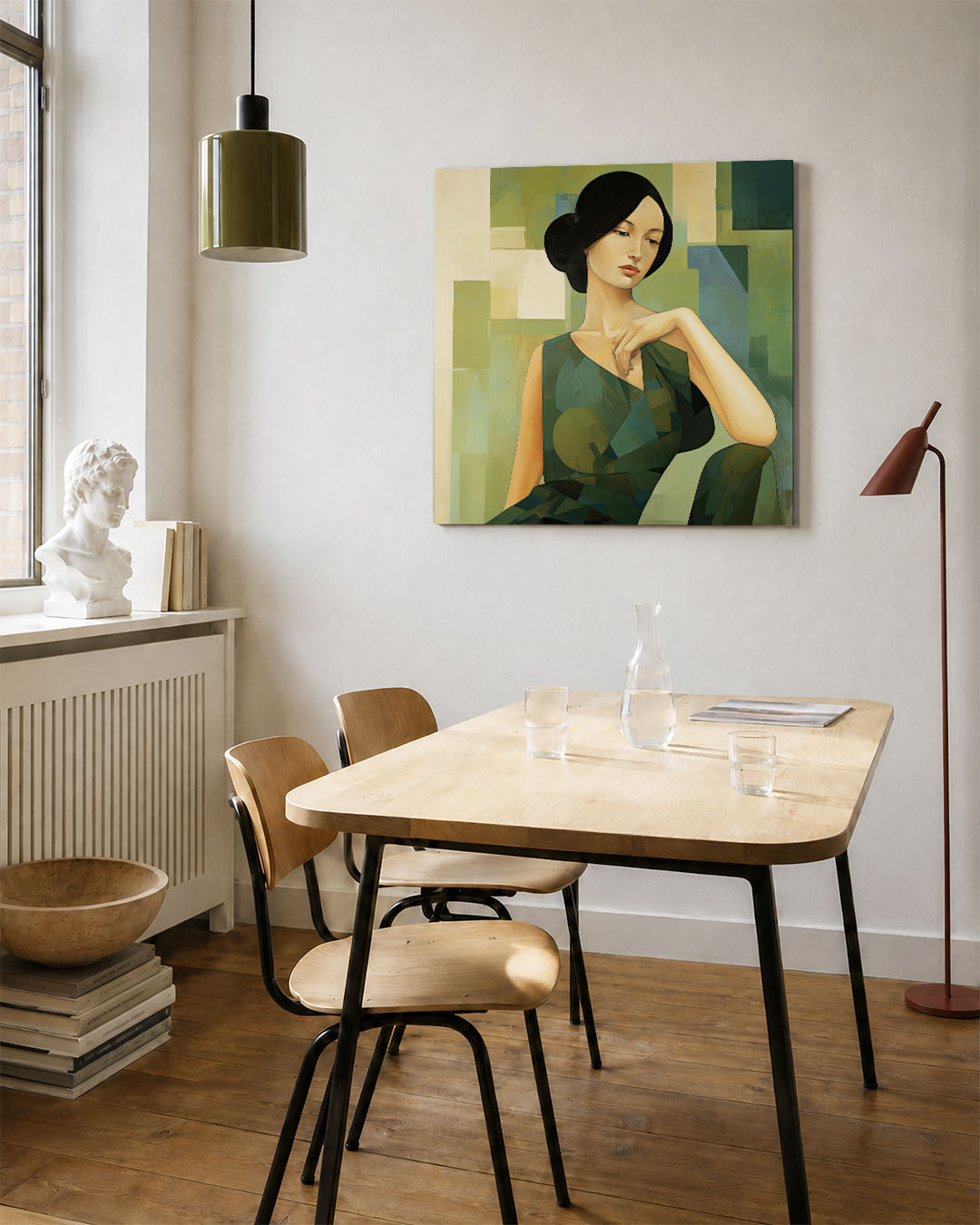 Vrouwelijk portret geometrisch kunstwerk – vierkante wanddecoratie – dit werk toont een vrouw in een compositie met zachte