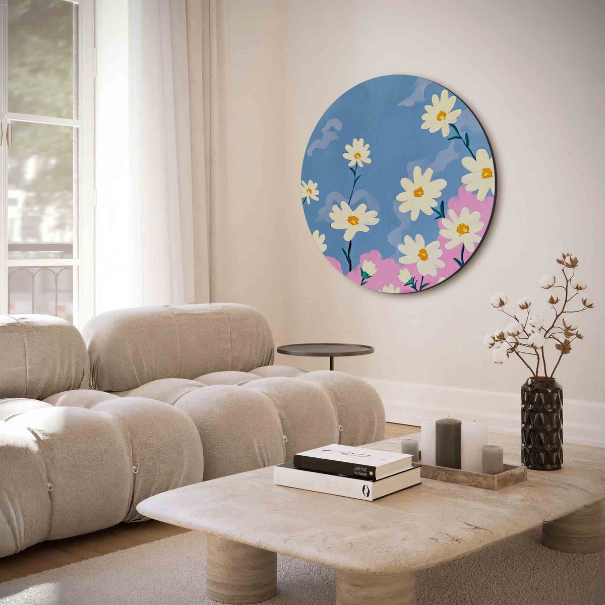Bloemen op blauwe achtergrond – muurcirkel met abstracte texturen voor aan de muur