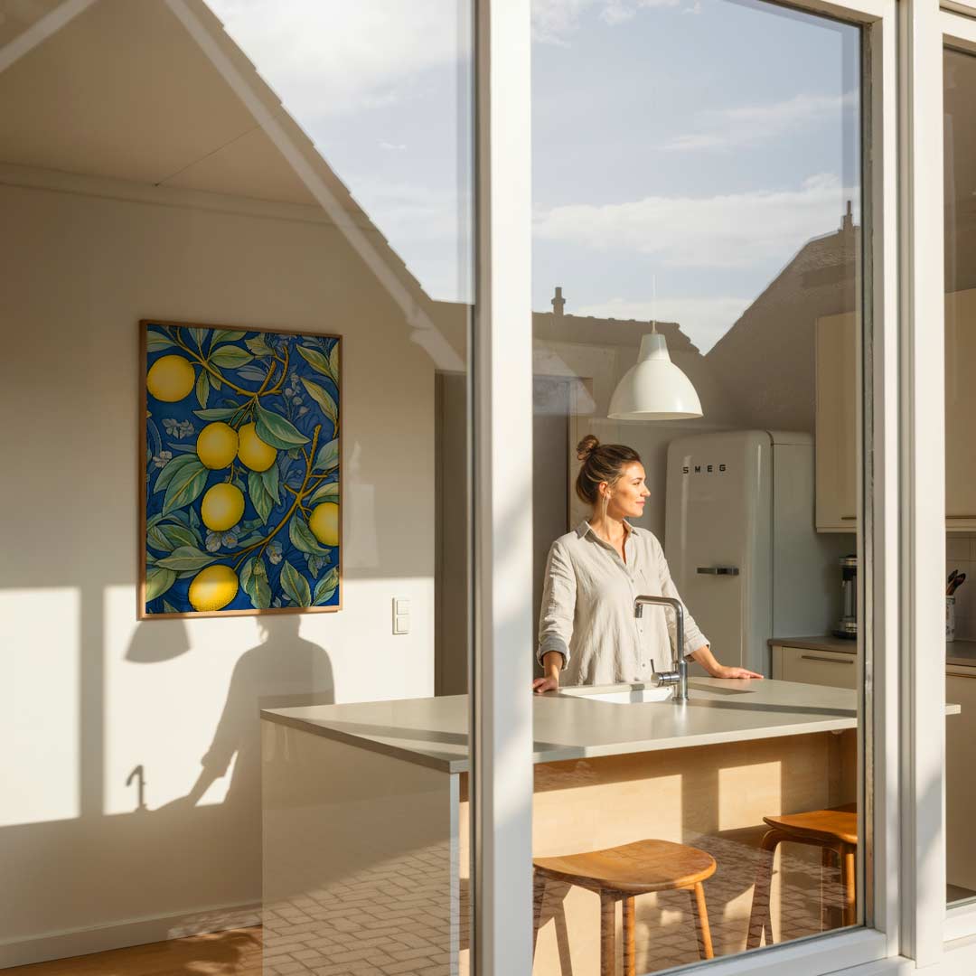 Citroenen op Blauw – keukenposter in staand formaat