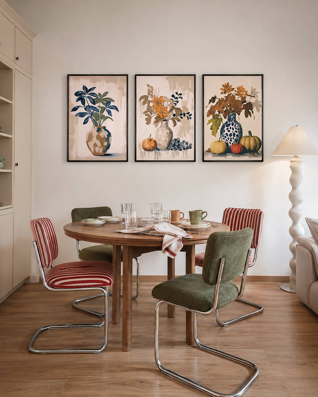 Vorm en kleurenspel – deze posterset in drie delen toont een vaas met bladeren in blauw en groen,
