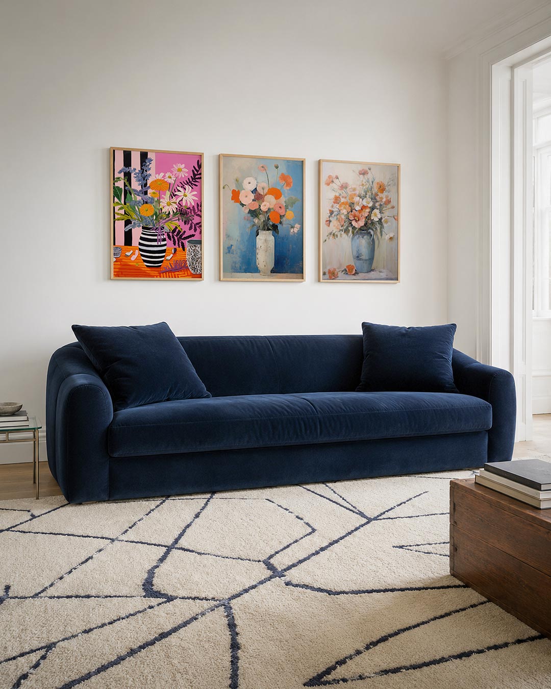 Bloemrijke strepen driedelige posterset – deze posterset in drie delen toont een levendig boeket in