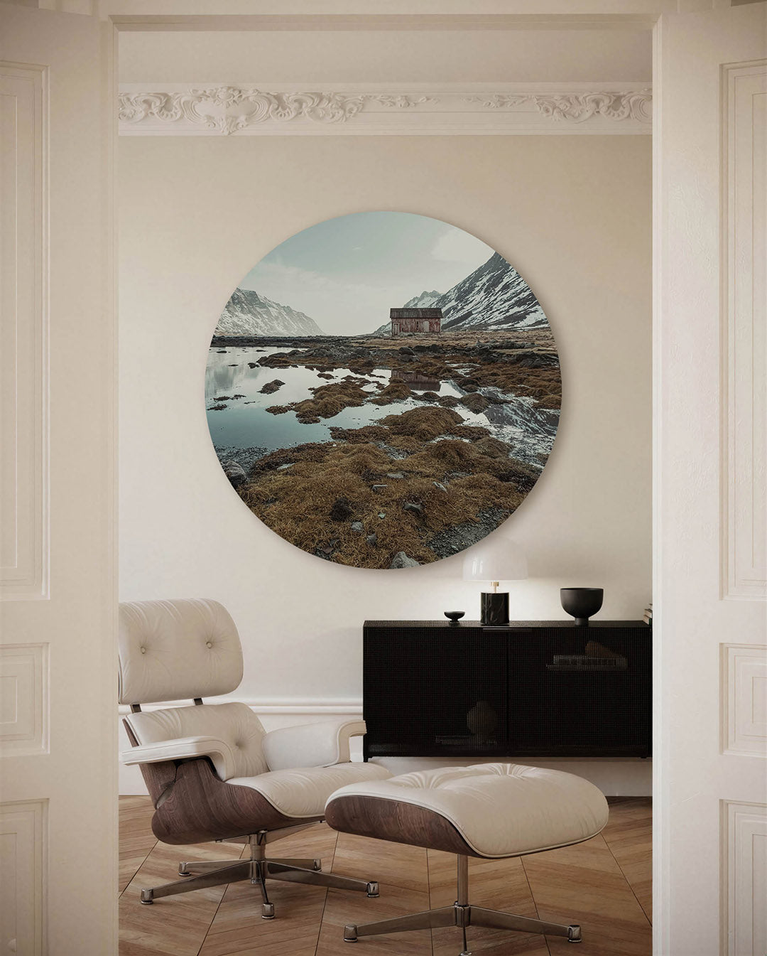 Berglandschap met hut – fotografische muurcirkel voor aan de muur