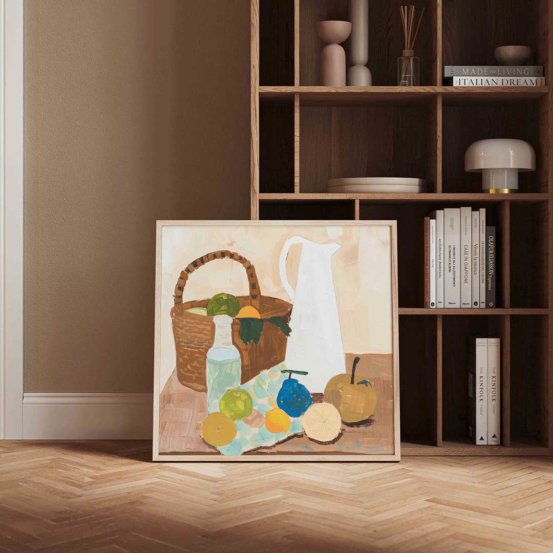 Stilleven met fruit en mand – vierkante design wanddecoratie van WallArtistic
