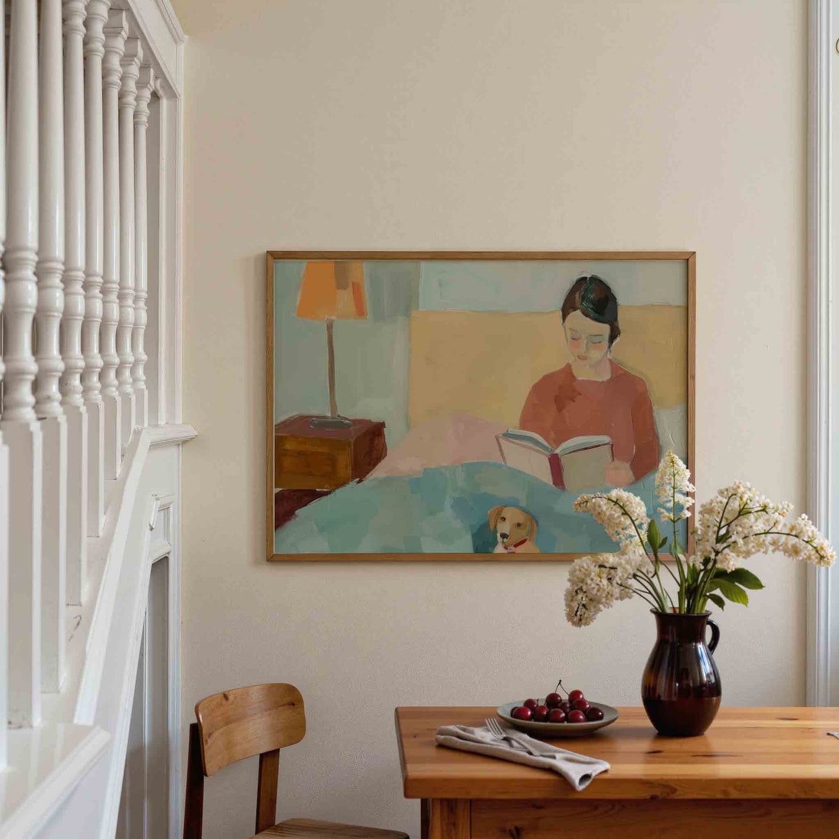 Lezende vrouw met hond – liggende illustratie poster als wanddecoratie