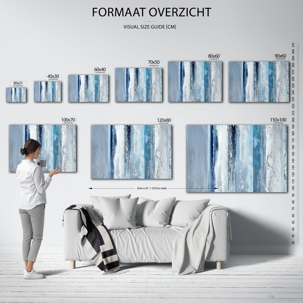Blauwe en grijze strepen – liggende muurposter met abstracte vormen
