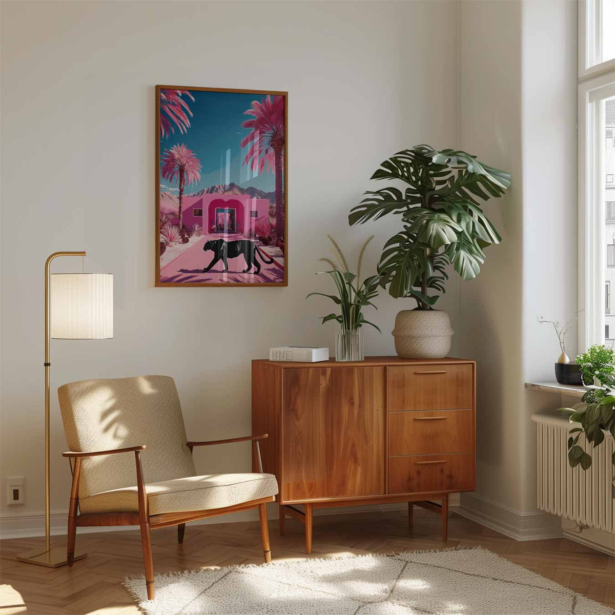 Stralende Roze Panter – staande muurposter met zomerse uitstraling