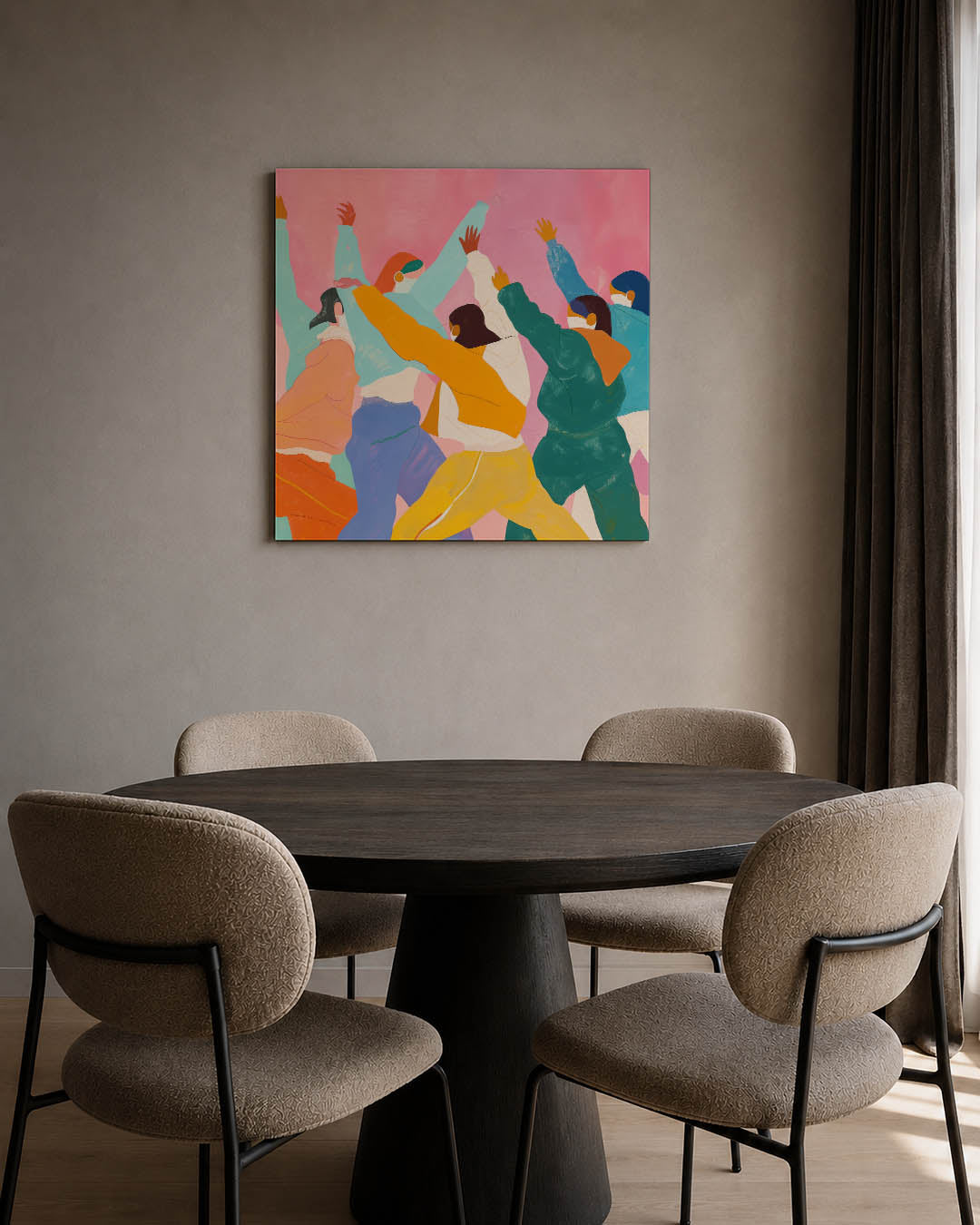 Dynamische figuren kunstwerk – tweede productweergave – dit kunstwerk toont een groep figuren in levendige bewegingen tegen