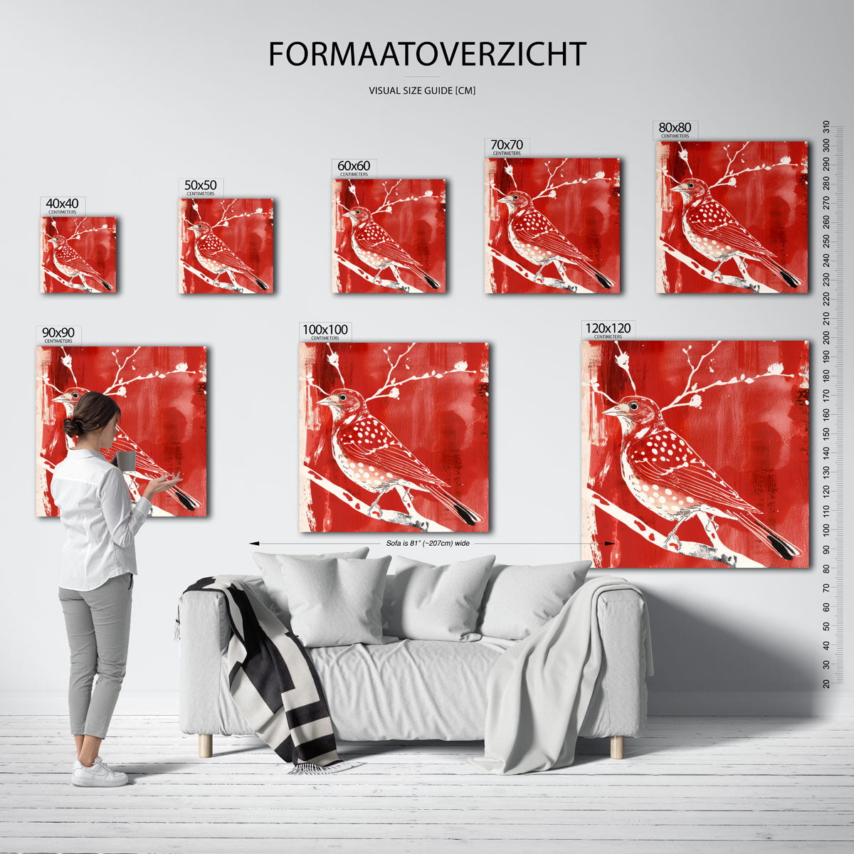 Vogel op tak – vierkante muurposter met kleurrijke illustratie