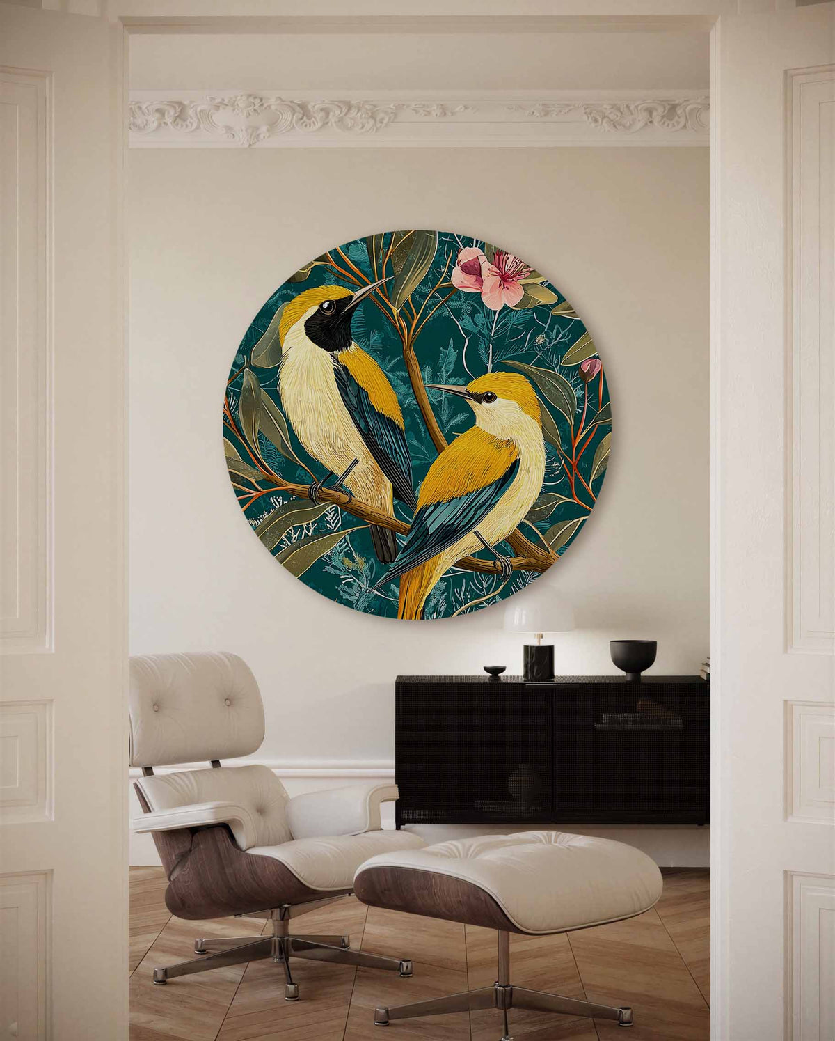Vogels en bloemen – illustratie muurcirkel als ronde muurdecoratie